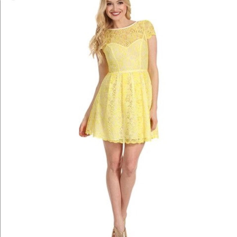 ABS yellow cap sleeve lace flare dress